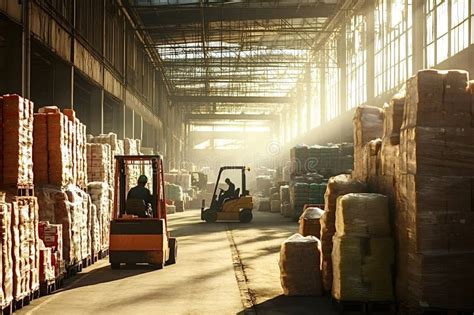 Thematic photo of various forklifts operating in a warehouse or logistics center