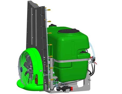 Infographic showing the internal components of an orchard sprayer, including tank, pump, and fan system