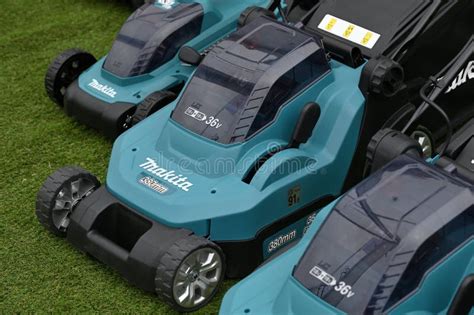 Thematic photo of a Makita electric lawn mower on a green lawn
