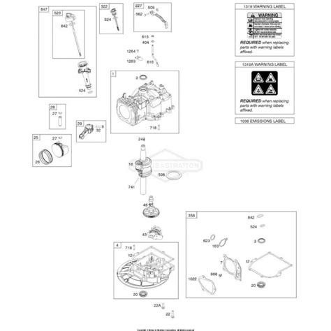 Infographic showing various Briggs & Stratton spare parts (spark plugs, filters, gaskets)
