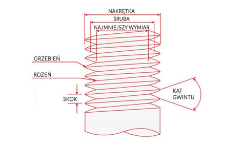Schemat budowy śruby rzymskiej z oznaczeniem gwintów i korpusu