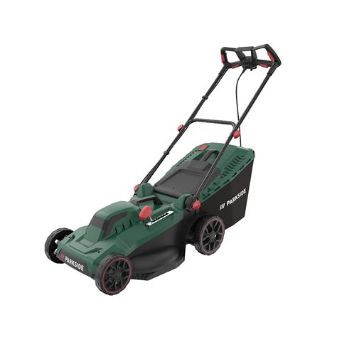 Thematic photo of a Parkside 1800W electric lawnmower in action on a lawn