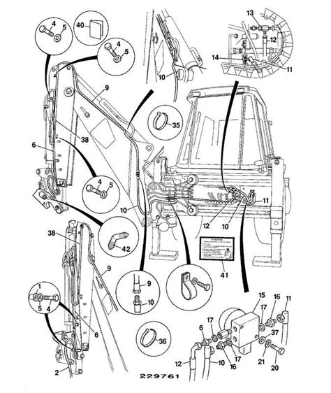 JCB machine diagram showing locations of gas springs on doors, hood, and seat
