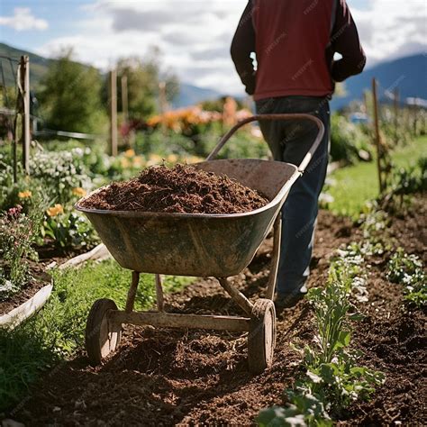 Thematic photo of a person using a wheelbarrow seed drill in a garden