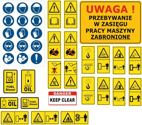 Schemat przedstawiający najpopularniejsze symbole ostrzegawcze stosowane na maszynach budowlanych zgodne z normą ISO 7010.