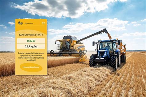 Tematyczne zdjęcie kombajnu zbożowego New Holland podczas pracy na polu