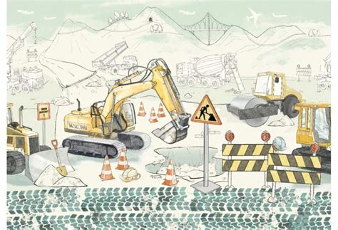 Ilustracja przedstawiająca plac z używanymi maszynami budowlanymi i ciężarówkami