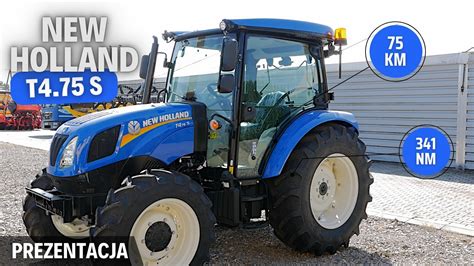 Schemat budowy ciągnika New Holland T4.75S z zaznaczonym rozstawem osi i kabiną