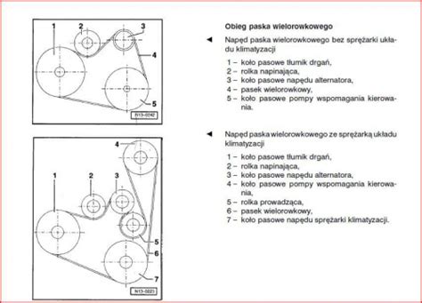 Schemat prawidłowego ułożenia paska klinowego na kołach pasowych i rolkach napinacza w traktorku-kosiarki.