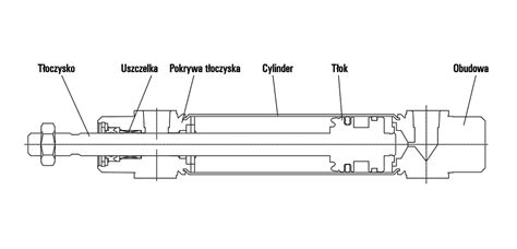 schemat budowy siłownika hydraulicznego z zaznaczonymi uszczelnieniami