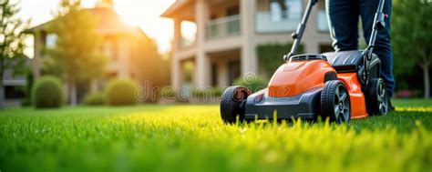 Thematic photo of a modern electric lawnmower working in a small garden