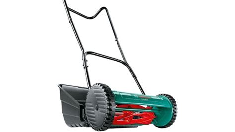 The Bosch AHM 38 C manual lawnmower in action on a small lawn