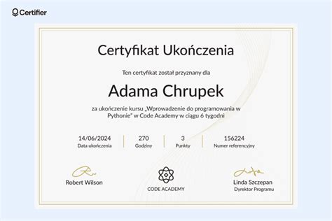 Przykładowy certyfikat ukończenia kursu operatora