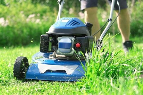 Zdjecie kosiarki sadowniczej w akcji, koszącej trawę pod drzewami w sadzie
