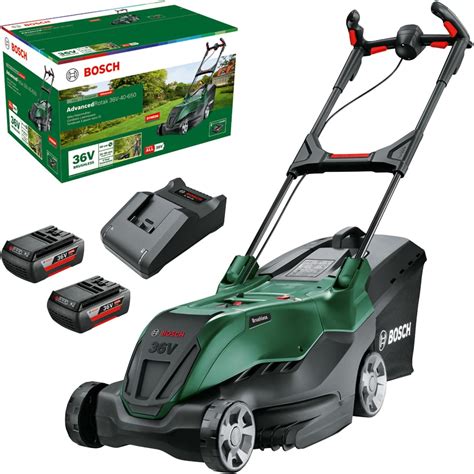 Thematic photo of a Bosch cordless lawnmower cutting grass in a garden