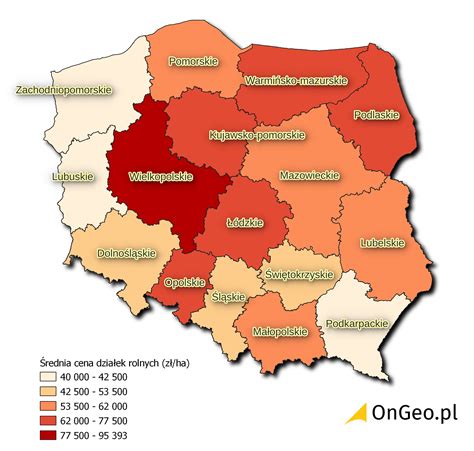 Mapa Polski z oznaczonymi średnimi cenami gruntów rolnych w różnych województwach