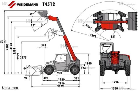 Infographic showing the compact dimensions and turning radius of a Weidemann telehandler
