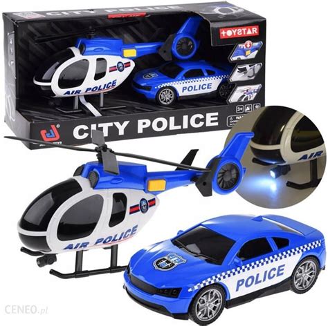 Zestaw zabawek: policyjny ciągnik, helikopter, auto