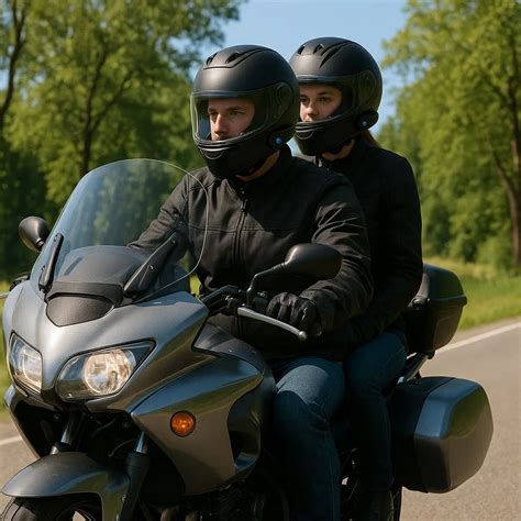 Motocyklista z dzieckiem na motorze, oboje w kaskach i odzieży ochronnej, jadący po drodze.