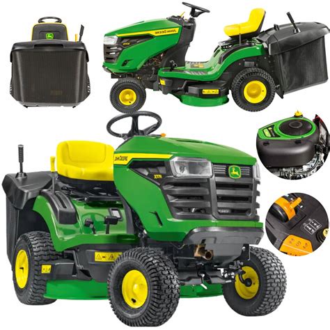 infografika przedstawiająca kluczowe cechy traktorków John Deere: pełna rama, hydrostatyczne sterowanie, precyzyjna regulacja koszenia