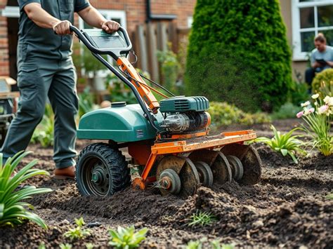 Zdjęcie przedstawiające operatora pracującego glebogryzarką spalinową w ogrodzie.