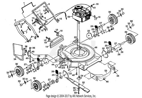 Infographic or exploded view of a lawn mower showing the engine, deck, wheels, and height adjustment mechanism