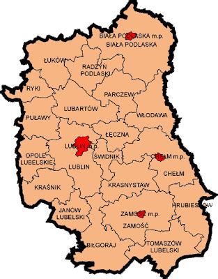 Mapa województwa lubelskiego z zaznaczonymi miastami i miejscowościami, gdzie dostępne są opryskiwacze