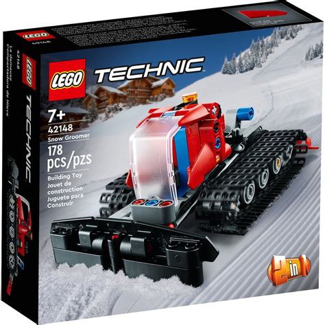 The LEGO Technic Snow Groomer (Ratrak) set 42148, showing its main features like tracks and movable plow.