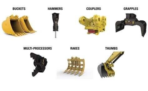 Various excavator attachments like buckets and hydraulic hammers