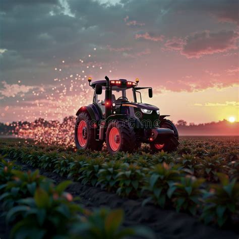 Thematic photo of a modern agricultural tractor in a field at sunset, symbolizing agriculture and business.