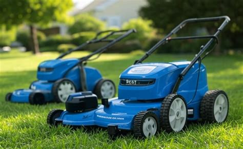 Thematic photo of an electric lawn mower in action on a lawn
