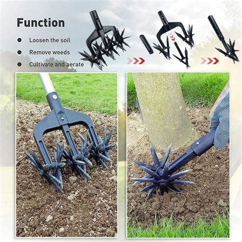 Infographic showing different uses of a manual cultivator in a garden