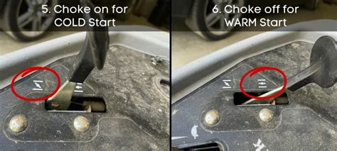 Infographic showing the correct choke lever positions (OFF for start, ON for running) on a brushcutter, highlighting the common confusion.