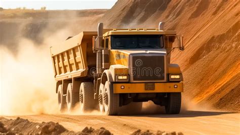 Thematic photo of a large construction site with several dump trucks in operation, carrying sand and gravel.