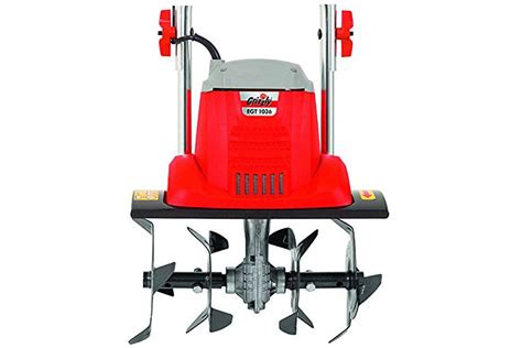 Infographic showing the technical specifications of the Grizzly EGT 1036 tiller (power, working width, depth, weight)