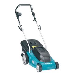 The Makita ELM3310 electric lawnmower in action on a small lawn