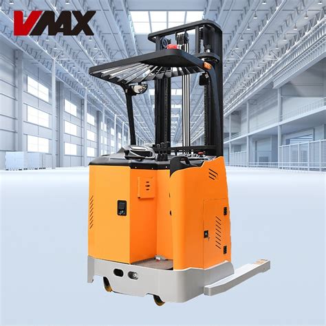Thematic photo of an electric forklift working in a narrow warehouse aisle
