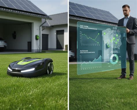 infografika porównująca kosiarki pchane akumulatorowe oraz roboty koszące