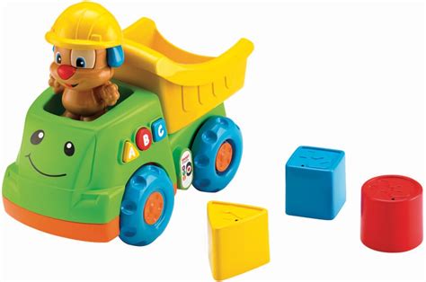 The Fisher-Price Laugh & Learn Smart Stages Puppy's Dump Truck toy, showing a puppy figure and colorful shape blocks.