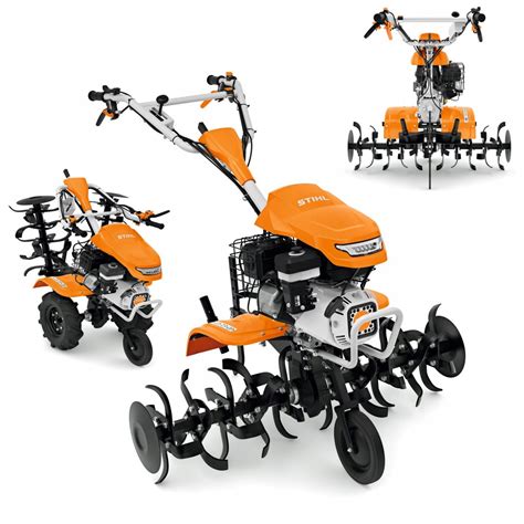 Zdjęcie przedstawiające różne modele glebogryzarek spalinowych Stihl MH w pracy w ogrodzie