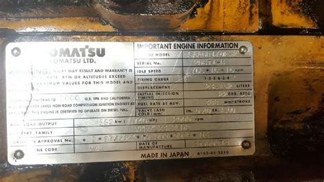 Infographic showing how to locate a serial number and part number on Komatsu machinery