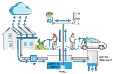 Ilustracja przedstawiająca system kanalizacji deszczowej i jej elementy