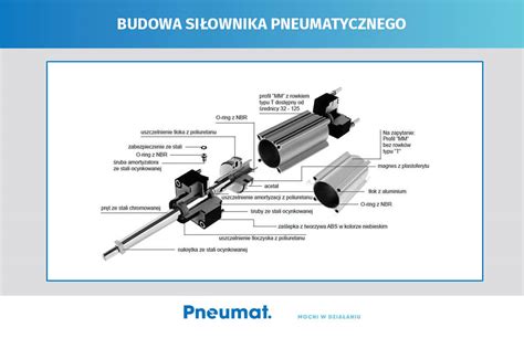 Infografika z przekrojem siłownika pneumatycznego i opisem komponentów