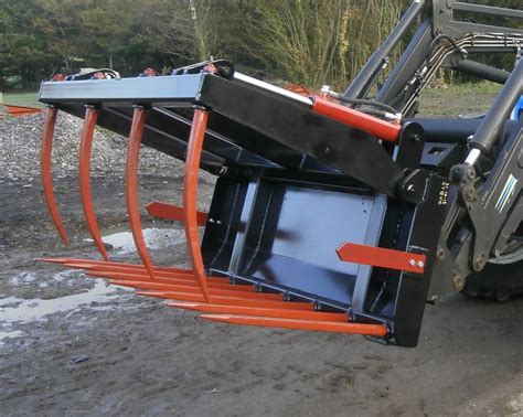 Collage of various attachments for mini loaders: manure fork, multi-purpose bucket, bale grab