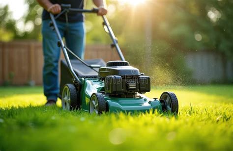 Thematic photo of a person operating an electric lawnmower on a green lawn