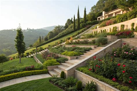 Thematic photo of a large garden with sloping terrain and lush green grass