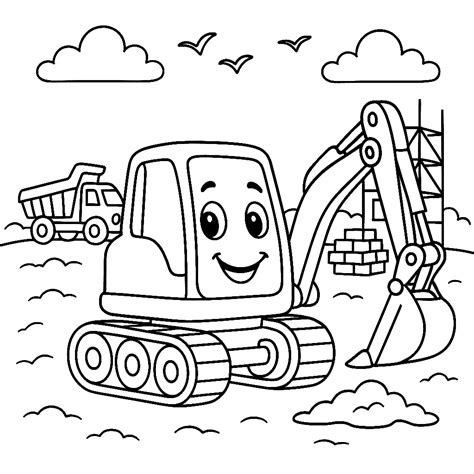 ilustracja przedstawiająca uśmiechniętą koparkę i wywrotkę na tle kolorowego miasteczka maszyn