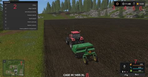 Zrzut ekranu przedstawiający interfejs Farming Simulator 17 z zainstalowanymi modami maszyn rolniczych