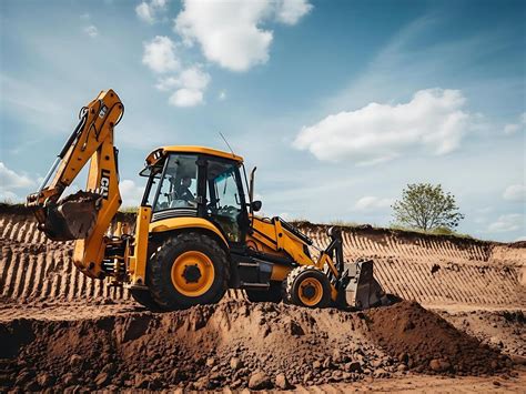 Thematic photo of a yellow backhoe loader working on a construction site in Jawor, with a focus on the machine's functionality and local setting.