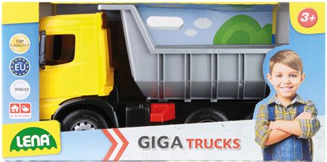Duży, kolorowy pojazd z serii Lena Giga Trucks, pokazujący jego wytrzymałą konstrukcję i duże koła.